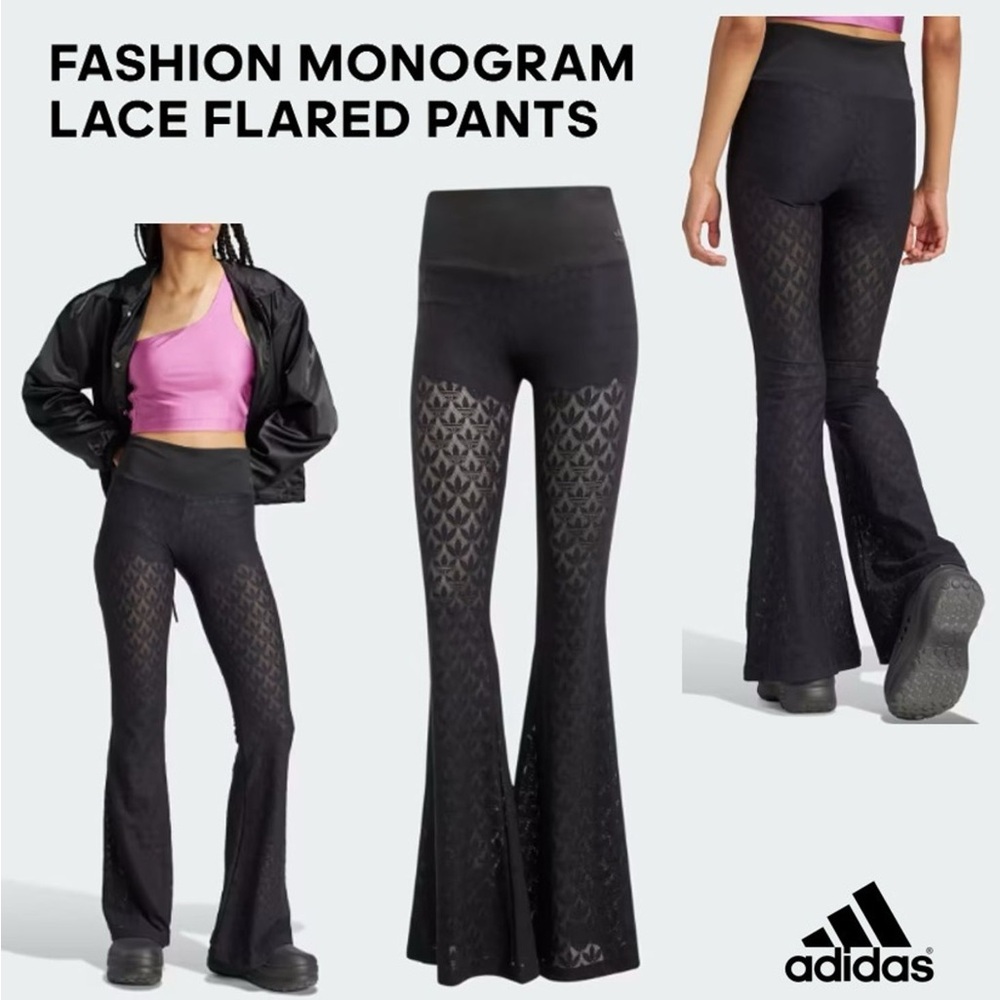 Adidas Black fashion monogram lace Flare Pants size small - Picture 5 of 6